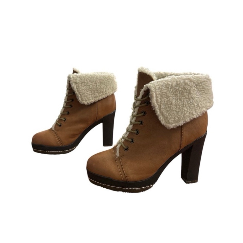 Kelsi Dagger Ricci Leather Ankle Boots Lace‎ Up Sherpa Fold Over Heel Sz 9 NWOB